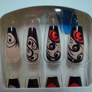 Press on nails swirl black red nude set